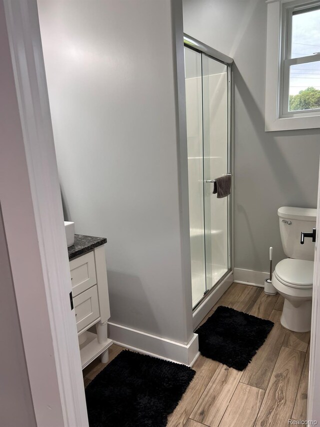 1041 Lancaster St, Lapeer, MI 48446 - bathroom featuring a shower stall, toilet, vanity, and wood finished floors