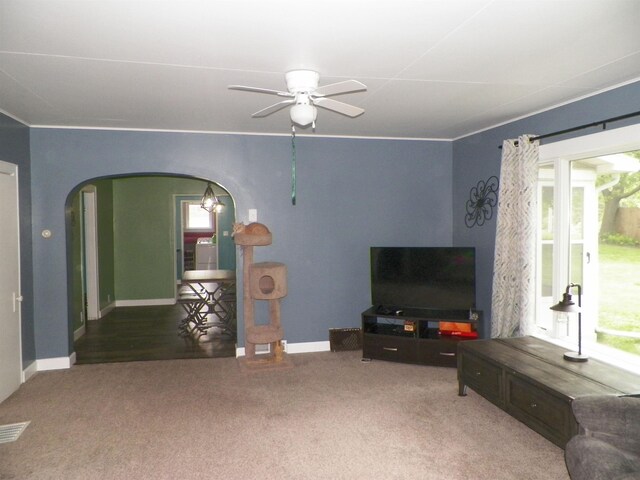 213 Cass St, Tustin, MI 49688 - carpeted living room with arched walkways, ceiling fan, baseboards, and ornamental molding