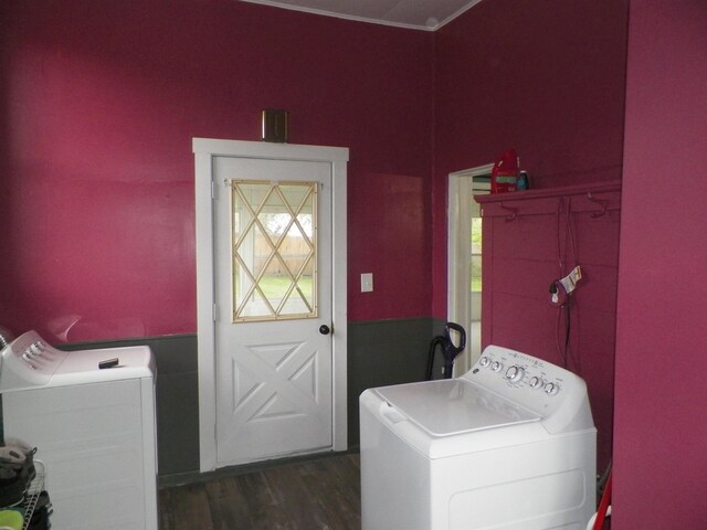 213 Cass St, Tustin, MI 49688 - laundry area with washing machine and dryer and dark wood-style floors