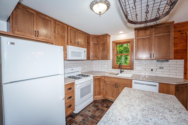 16913 Penny Ave NE, Sand Lake, MI 49343 - kitchen featuring white appliances, open shelves, a sink, decorative backsplash, and stone finish flooring