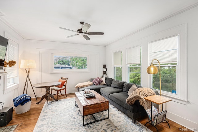 2223 S La Salle Gdns, Detroit, MI 48206 - living room with ornamental molding, ceiling fan, wood finished floors, and baseboards
