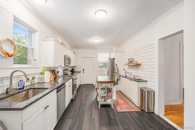 2223 S La Salle Gdns, Detroit, MI 48206 - kitchen featuring a sink, stainless steel appliances, ornamental molding, backsplash, and white cabinetry