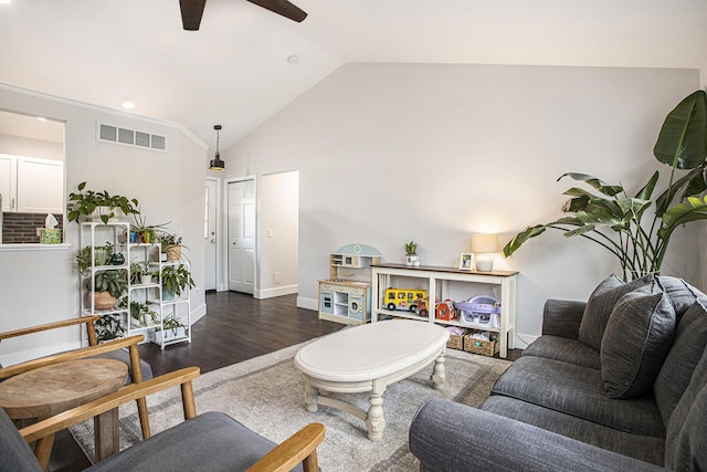 830 E Lyons St, Schoolcraft, MI 49087 - living room with a ceiling fan, wood finished floors, baseboards, and high vaulted ceiling