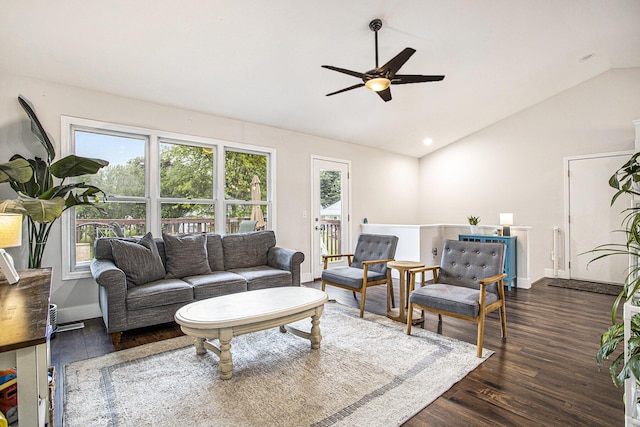 830 E Lyons St, Schoolcraft, MI 49087 - living room featuring a ceiling fan, wood finished floors, baseboards, and high vaulted ceiling