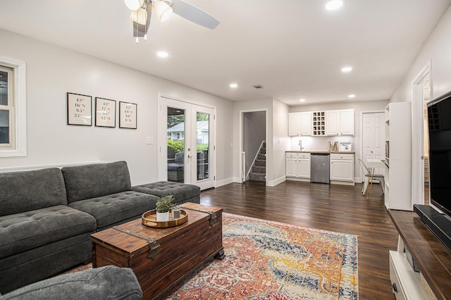 830 E Lyons St, Schoolcraft, MI 49087 - living area with french doors, recessed lighting, dark wood-style floors, ceiling fan, and baseboards