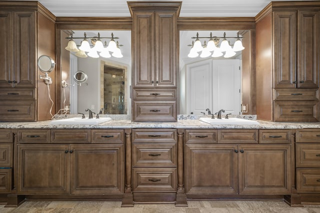 1655 Dorchester Rd, Birmingham, MI 48009 - full bathroom with double vanity, crown molding, and a shower with door