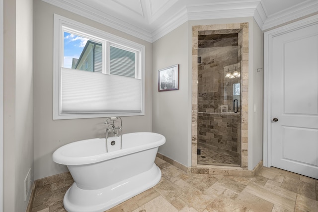 1655 Dorchester Rd, Birmingham, MI 48009 - full bathroom with baseboards, a freestanding tub, crown molding, a stall shower, and stone tile floors