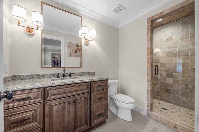 1655 Dorchester Rd, Birmingham, MI 48009 - bathroom with toilet, vanity, a stall shower, crown molding, and tile patterned floors
