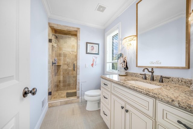 1655 Dorchester Rd, Birmingham, MI 48009 - bathroom with toilet, a stall shower, vanity, ornamental molding, and baseboards