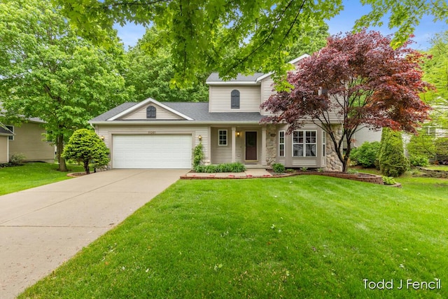 11081 Timberline Dr, Allendale, MI 49401 - view of front of house featuring a garage, concrete driveway, a front lawn, stone siding, and a shingled roof