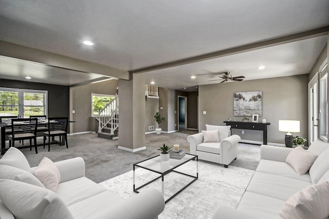 15842 Portage Rd, Vicksburg, MI 49097 - living room featuring recessed lighting, baseboards, carpet floors, stairs, and healthy amount of natural light