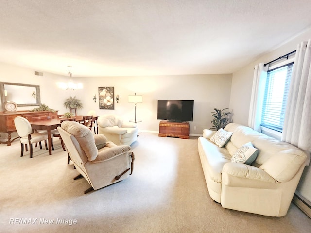 9135 Greenway Blvd, Saginaw, MI 48609 - living room featuring a chandelier, carpet, a baseboard radiator, and baseboards