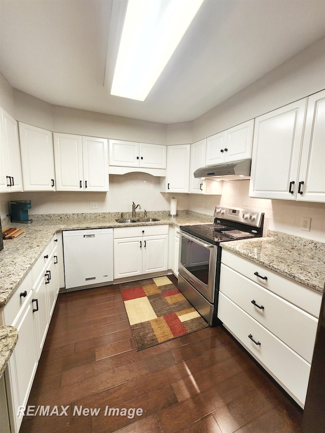 9135 Greenway Blvd, Saginaw, MI 48609 - kitchen featuring dishwasher, electric stove, a sink, under cabinet range hood, and white cabinetry