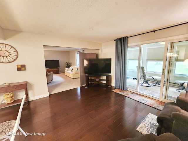 9135 Greenway Blvd, Saginaw, MI 48609 - living room featuring dark wood-style floors, baseboards, and a textured ceiling