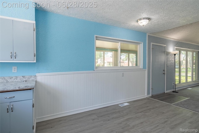 36426 Weideman St, Clinton Township, MI 48035 - unfurnished dining area with wood finished floors, a textured ceiling, plenty of natural light, a textured wall, and wainscoting