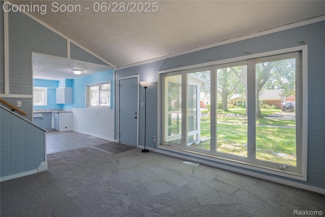 36426 Weideman St, Clinton Township, MI 48035 - foyer with a textured ceiling, lofted ceiling, and carpet flooring