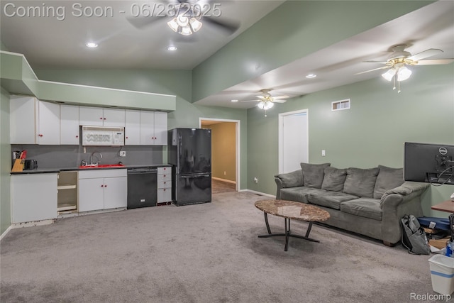36426 Weideman St, Clinton Township, MI 48035 - living room featuring ceiling fan, light colored carpet, lofted ceiling, wet bar, and recessed lighting