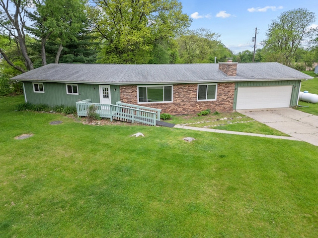7060 Dobson Rd, Jonesville, MI 49250 - ranch-style house with a chimney, a front lawn, and a garage