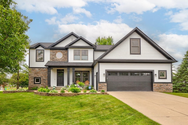 8460 Woodridge Dr, Davison, MI 48423 - craftsman-style home with stone siding, a front lawn, and driveway