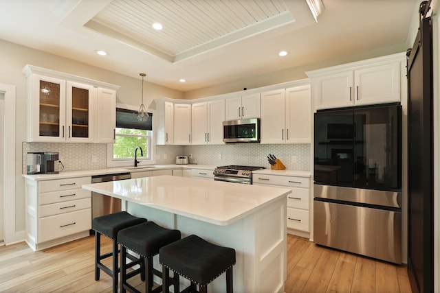 8460 Woodridge Dr, Davison, MI 48423 - kitchen with stainless steel appliances, a raised ceiling, light wood-style flooring, a barn door, and white cabinetry