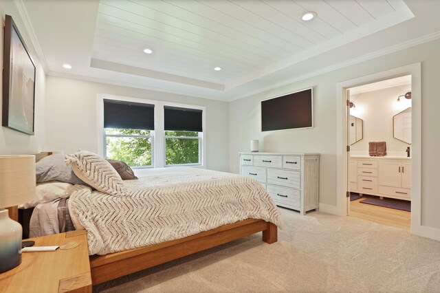 8460 Woodridge Dr, Davison, MI 48423 - bedroom with a tray ceiling, light carpet, ornamental molding, recessed lighting, and ensuite bathroom