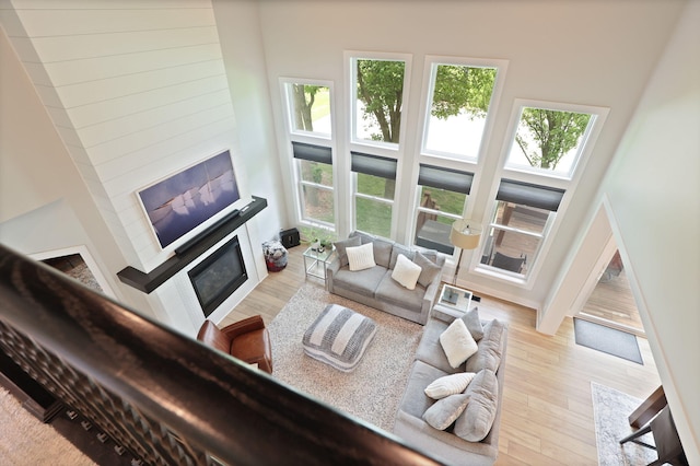 8460 Woodridge Dr, Davison, MI 48423 - living area with a glass covered fireplace, wood finished floors, and a high ceiling