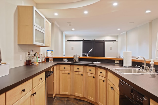 8460 Woodridge Dr, Davison, MI 48423 - kitchen featuring a barn door, dishwasher, light brown cabinets, dark countertops, and recessed lighting