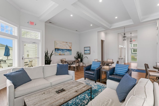 245 Cavelier Ave, Saint Joseph, MI 49085 - living room with wood finished floors, ornamental molding, recessed lighting, and beamed ceiling