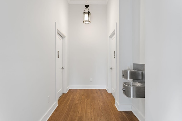 245 Cavelier Ave, Saint Joseph, MI 49085 - hall with wood finished floors, a towering ceiling, baseboards, and crown molding