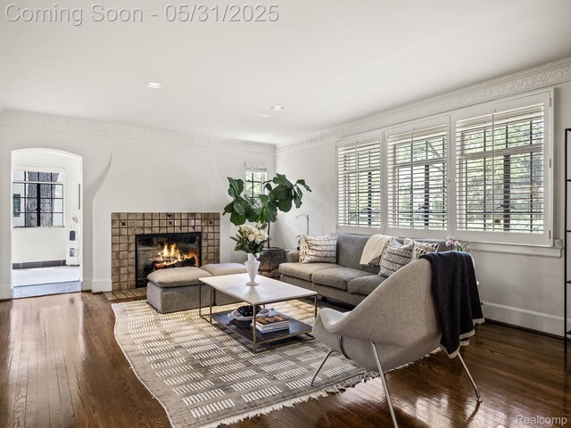 822 Suffield Ave, Birmingham, MI 48009 - living room with wood-type flooring, a tiled fireplace, baseboards, crown molding, and recessed lighting