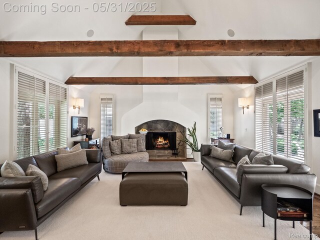 822 Suffield Ave, Birmingham, MI 48009 - carpeted living area featuring a lit fireplace and healthy amount of natural light