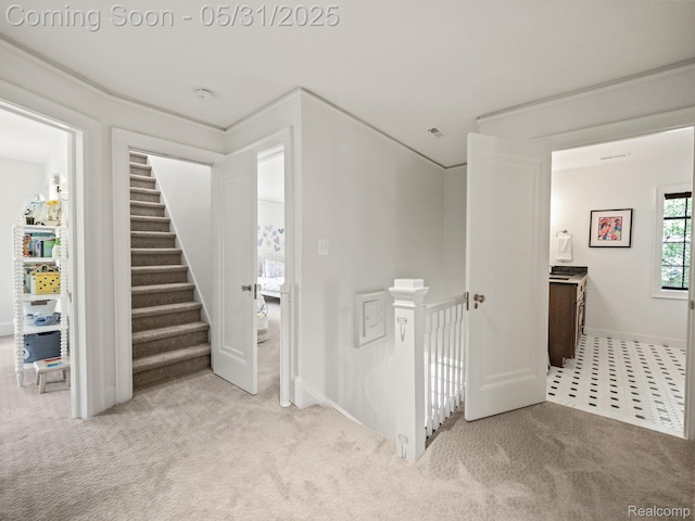 822 Suffield Ave, Birmingham, MI 48009 - hall with an upstairs landing, carpet floors, and baseboards