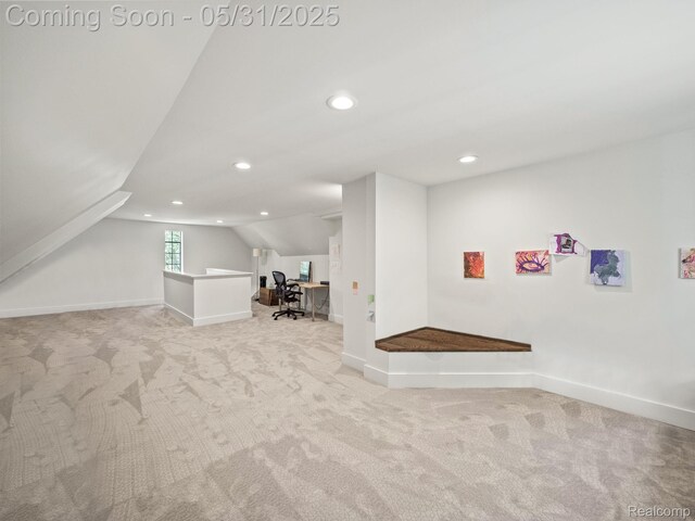 822 Suffield Ave, Birmingham, MI 48009 - game room featuring light carpet, lofted ceiling, a desk, recessed lighting, and baseboards