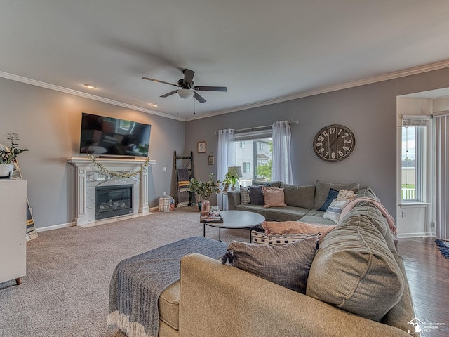 691 Foxworth St, Dundee, MI 48131 - living area featuring baseboards, ceiling fan, a glass covered fireplace, ornamental molding, and wood finished floors
