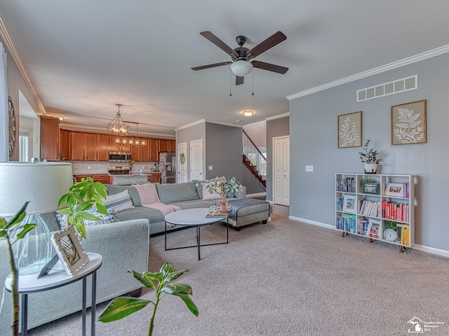 691 Foxworth St, Dundee, MI 48131 - living room featuring crown molding, stairway, ceiling fan, baseboards, and light colored carpet