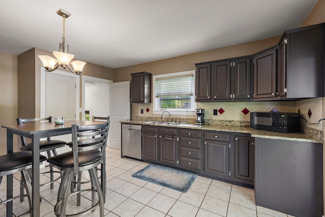 17270 Taft Rd, Spring Lake, MI 49456 - kitchen featuring dishwasher, black microwave, a sink, a chandelier, and light tile patterned floors