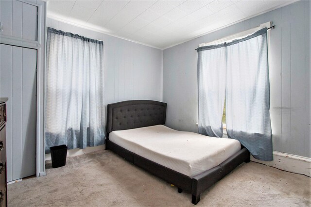 1122 Main St, Saint Joseph, MI 49085 - bedroom with light carpet, ornamental molding, and wood walls