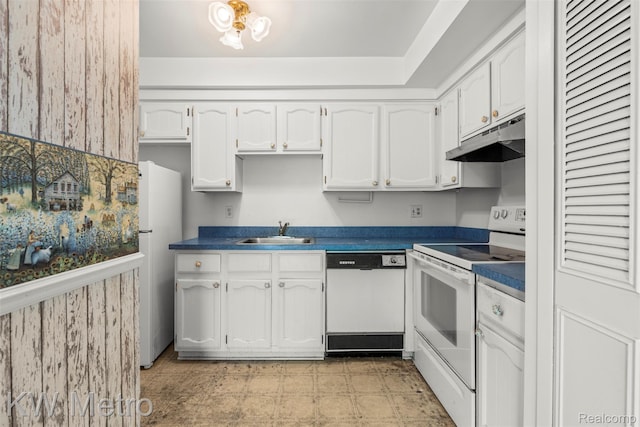 20094 Bryn Mawr Ct Unit 166, Northville, MI 48167 - kitchen featuring white appliances, under cabinet range hood, a sink, dark countertops, and white cabinets