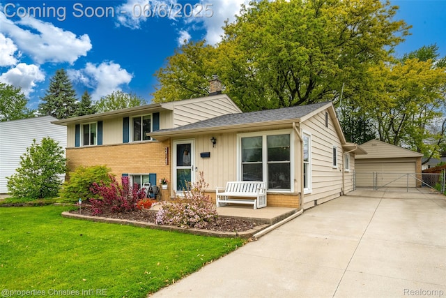 34143 Zimmer Dr, Sterling Heights, MI 48310 - split level home featuring a chimney, board and batten siding, a garage, brick siding, and an outdoor structure