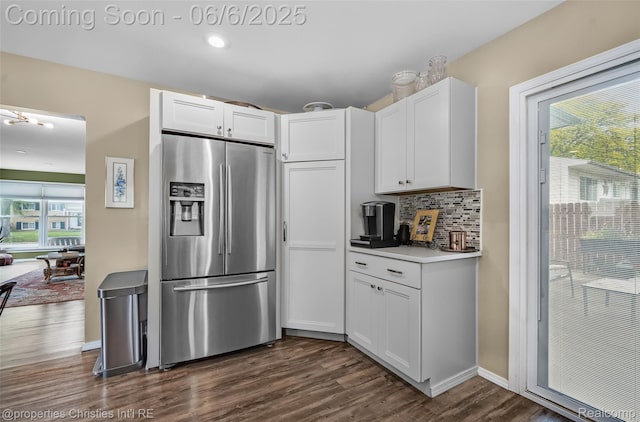 34143 Zimmer Dr, Sterling Heights, MI 48310 - kitchen featuring stainless steel fridge with ice dispenser, dark wood finished floors, white cabinetry, and light countertops