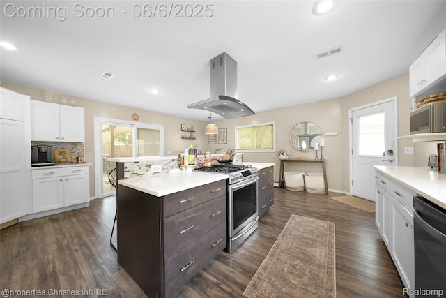 34143 Zimmer Dr, Sterling Heights, MI 48310 - kitchen featuring island exhaust hood, stainless steel appliances, white cabinets, light countertops, and plenty of natural light