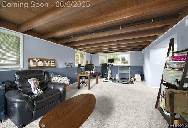 34143 Zimmer Dr, Sterling Heights, MI 48310 - carpeted living area with a desk and beam ceiling