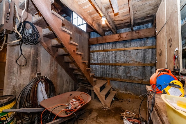 8324 Hagar Shore Rd, Watervliet, MI 49098 - below grade area with wood ceiling and stairway