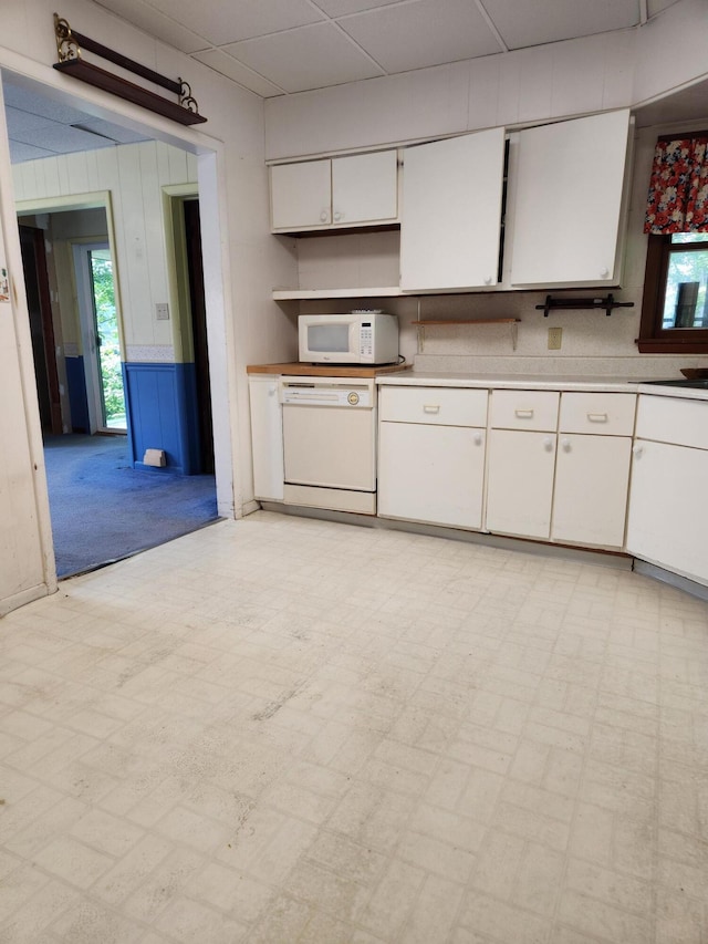 8324 Hagar Shore Rd, Watervliet, MI 49098 - kitchen with white appliances, white cabinetry, light countertops, light floors, and open shelves