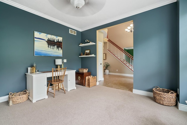 4132 Winding Way, Kalamazoo, MI 49004 - tiled office space with carpet flooring, crown molding, baseboards, and ceiling fan