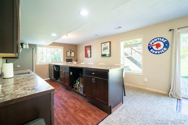 8718 Little Bend Ct, Middleville, MI 49333 - kitchen with healthy amount of natural light, baseboards, a sink, dark brown cabinets, and recessed lighting