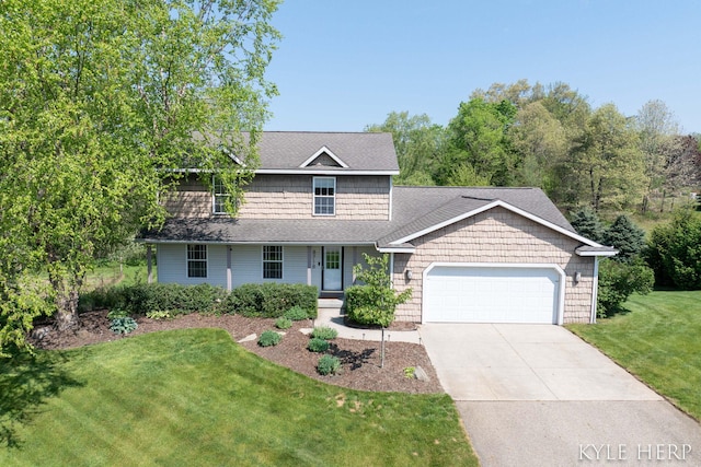 8718 Little Bend Ct, Middleville, MI 49333 - view of front of property featuring a garage, a front yard, concrete driveway, covered porch, and a shingled roof