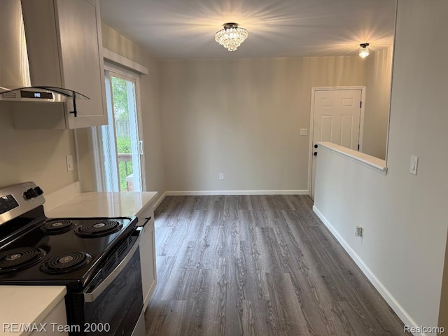 29054 Burning Tree Ln, Romulus, MI 48174 - kitchen with stainless steel range with electric stovetop, extractor fan, dark wood finished floors, light countertops, and baseboards