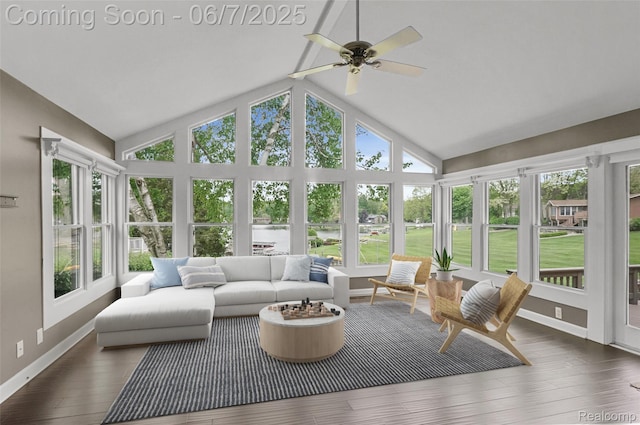 11404 Cedar Bend Dr, Pinckney, MI 48169 - sunroom / solarium with plenty of natural light, baseboards, wood finished floors, high vaulted ceiling, and a water view