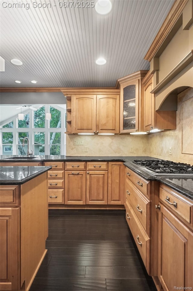 11404 Cedar Bend Dr, Pinckney, MI 48169 - kitchen featuring stainless steel gas stovetop, a sink, open shelves, dark wood-type flooring, and recessed lighting